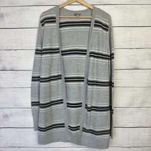 TALBOTS Striped Open Cardigan Long Sleeve Grey Black Womens Medium‎ Elbow Patch